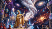 Pope in golden robes performing ritual with cardinals amid cosmic background with galaxies and crystals