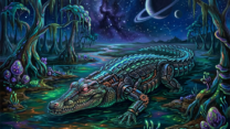 Robotic alligator lying in a glowing swamp with alien plants under a starry sky and visible planets